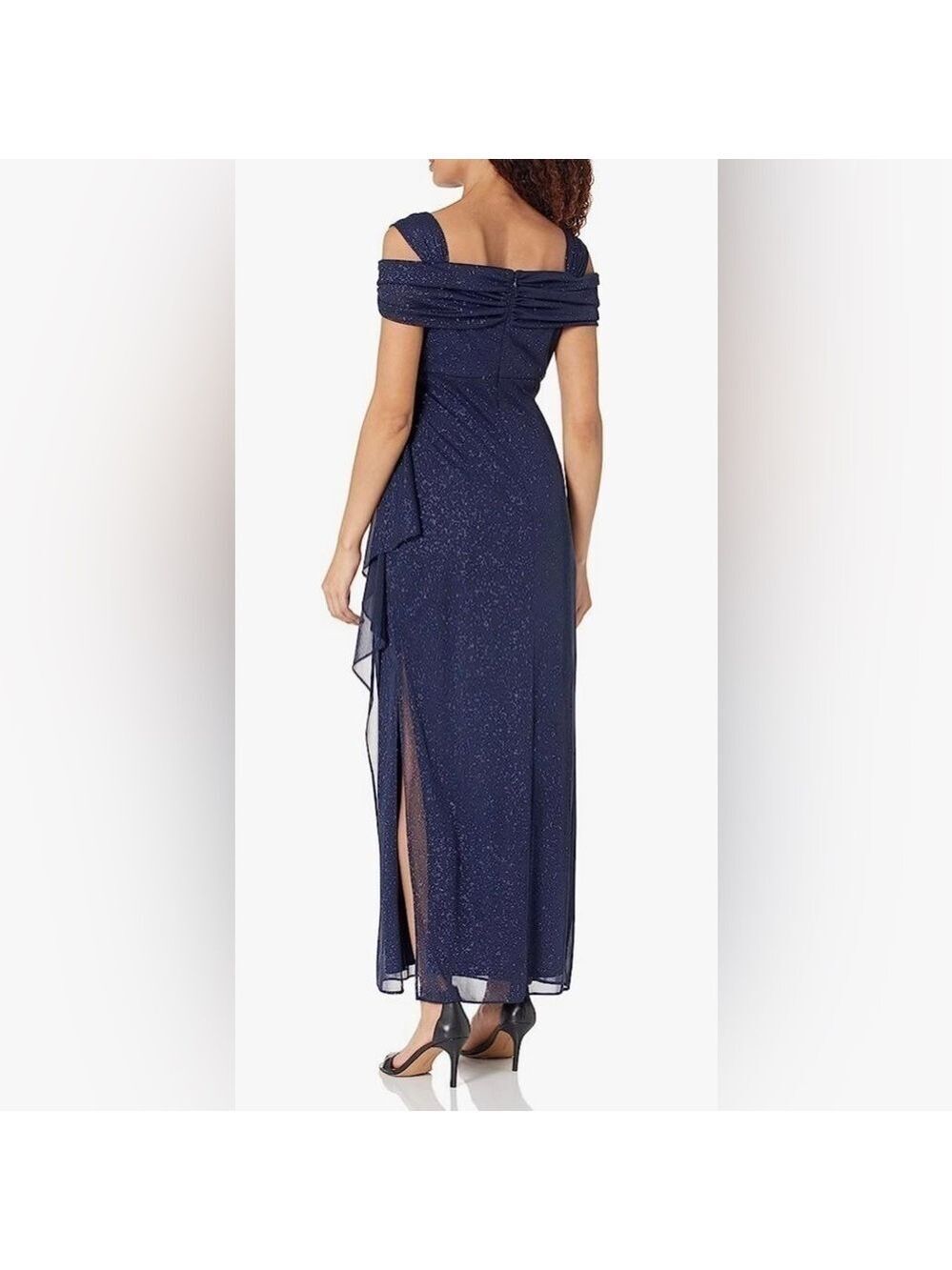 Nwt Alex Evenings Cold Shoulder Glitter Mesh Dress with Draped Skirt & Cowl Neck